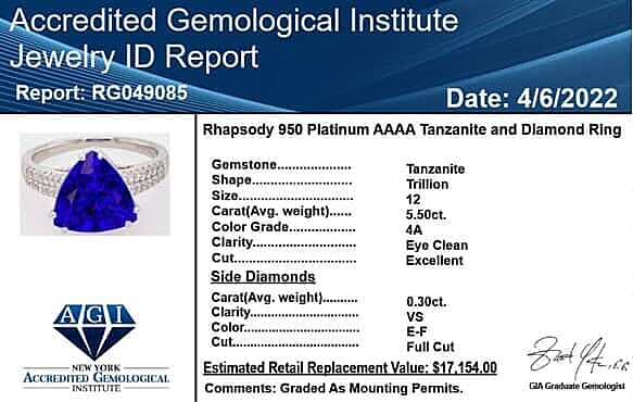 Certified and Appraised Rhapsody AAAA Tanzanite and E-F VS Diamond 5.80 ctw Solitaire Ring in 950 Platinum (Size 5.0) 6.10 Grams