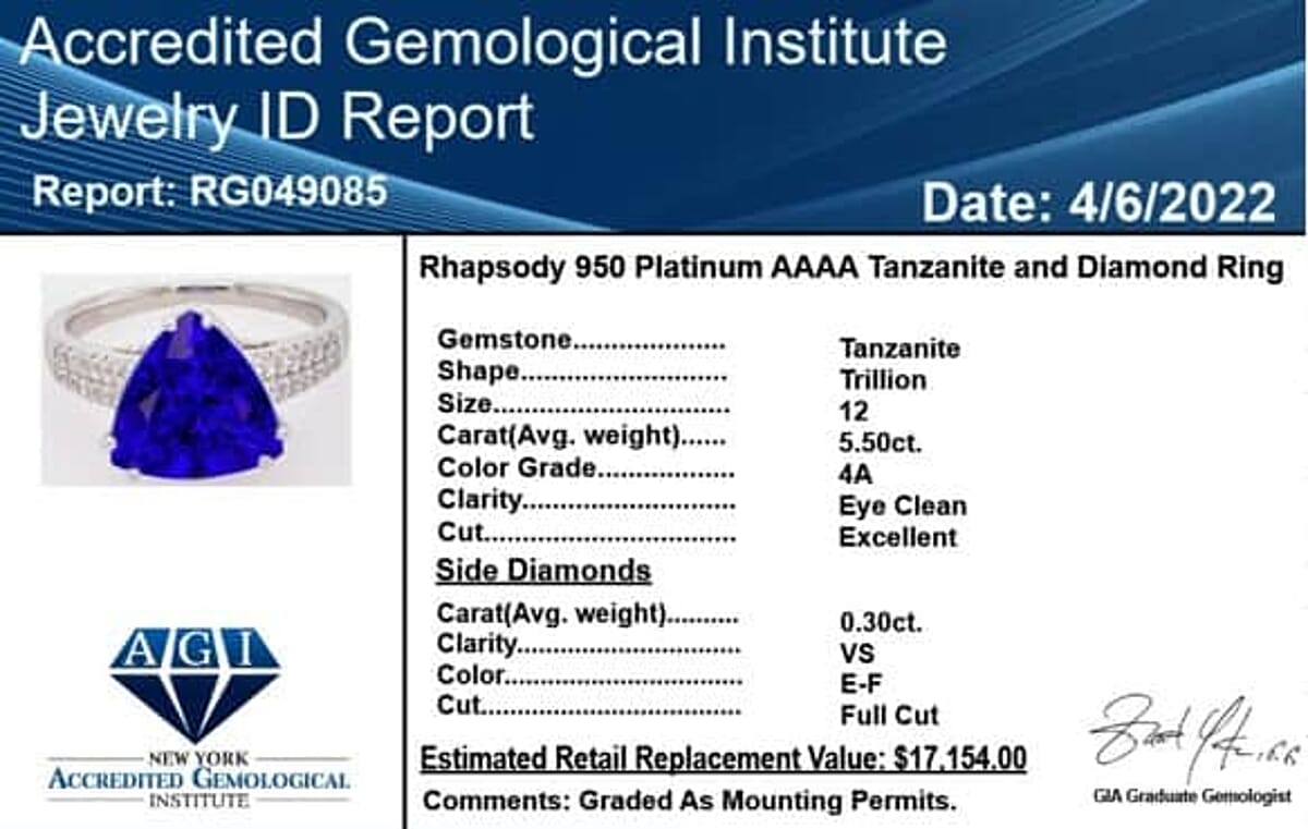 Certified Rhapsody AAAA Tanzanite and E-F VS Diamond 5.80 ctw Solitaire Ring in 950 Platinum (Size 7.5) 6.10 Grams image number 5