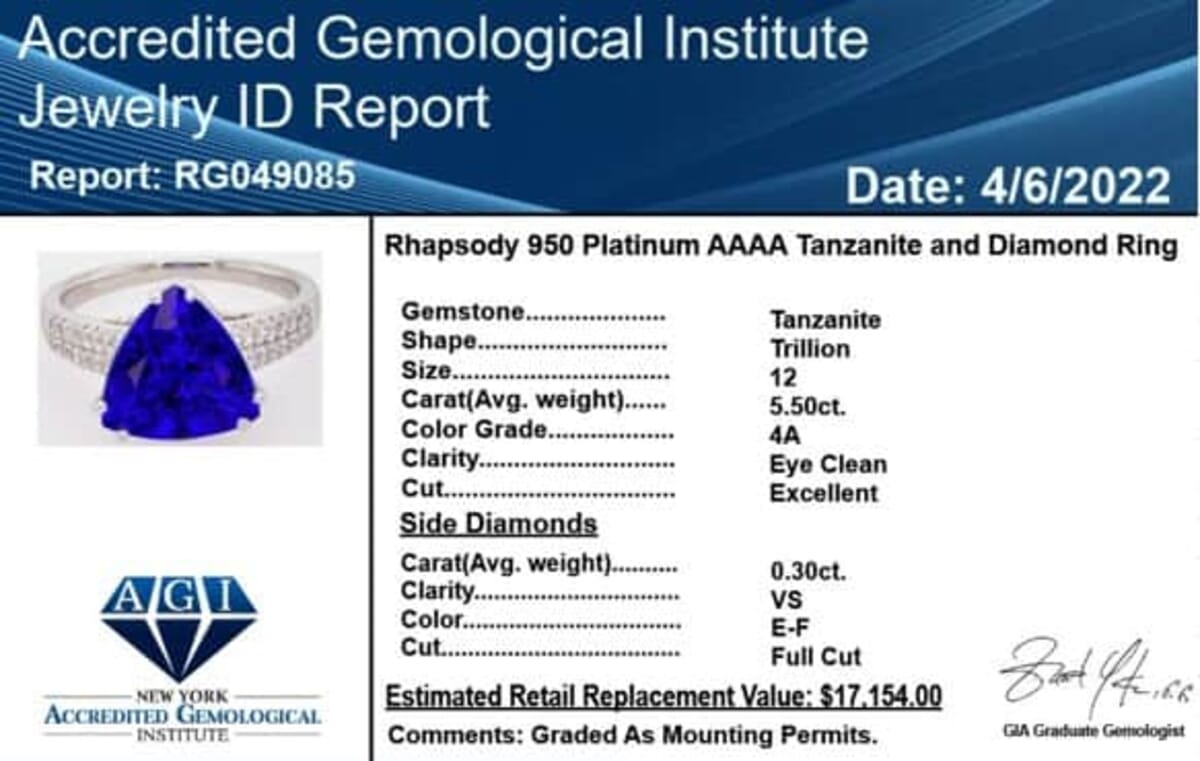 Certified Rhapsody AAAA Tanzanite and E-F VS Diamond 5.80 ctw Solitaire Ring in 950 Platinum (Size 8.5) 6.10 Grams image number 5