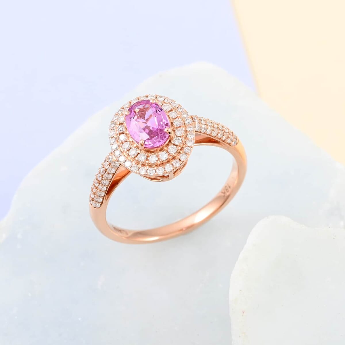 Certified & Appraised Iliana AAA Madagascar Pink Sapphire and G-H SI Diamond 1.40 ctw Double Halo Ring in 18K Rose Gold (Size 6.5) image number 1