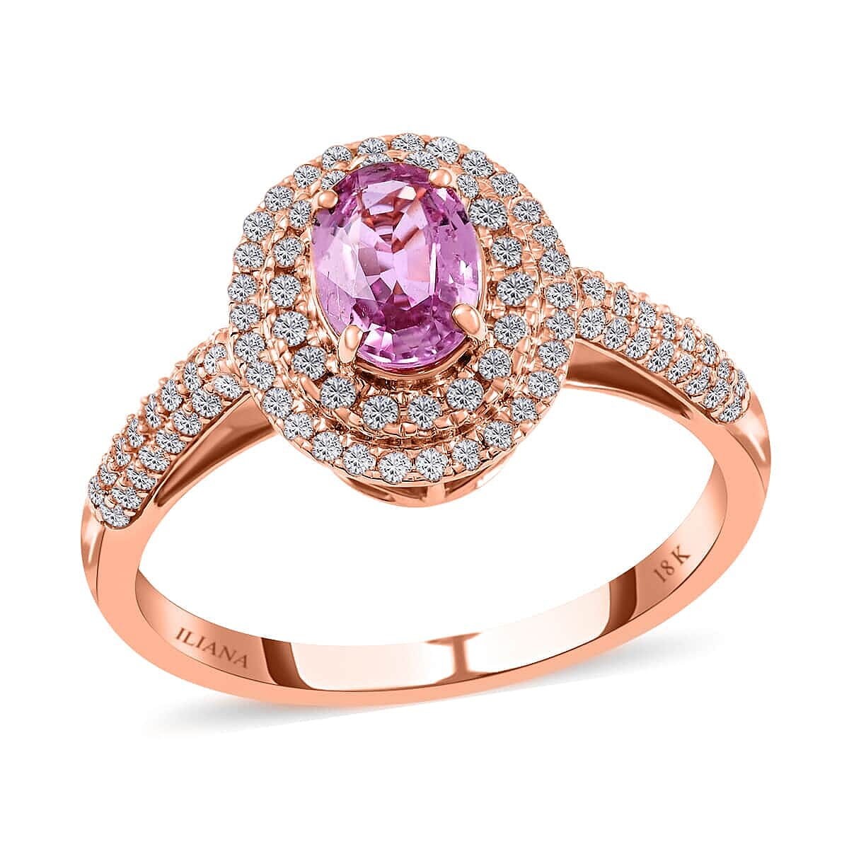 Certified & Appraised Iliana AAA Madagascar Pink Sapphire and G-H SI Diamond 1.40 ctw Double Halo Ring in 18K Rose Gold (Size 9.5) image number 0