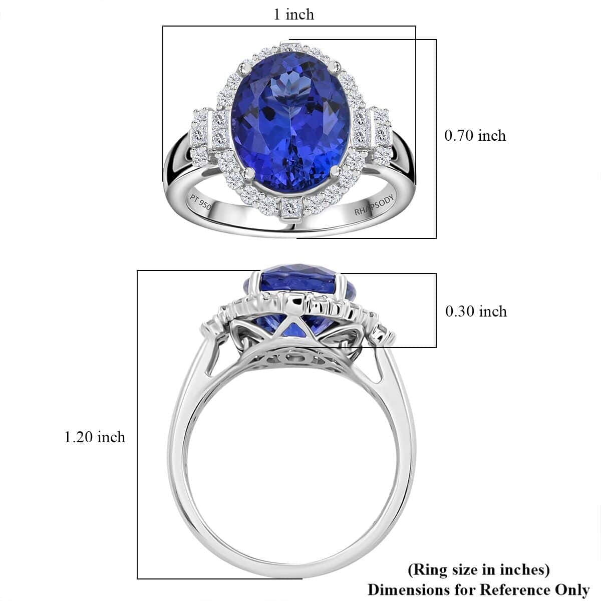 Rhapsody 950 Platinum AAAA Tanzanite, Diamond (E-F, VS) (0.70 cts) Ring (Size 12.0) (10 g) 7.25 ctw image number 5
