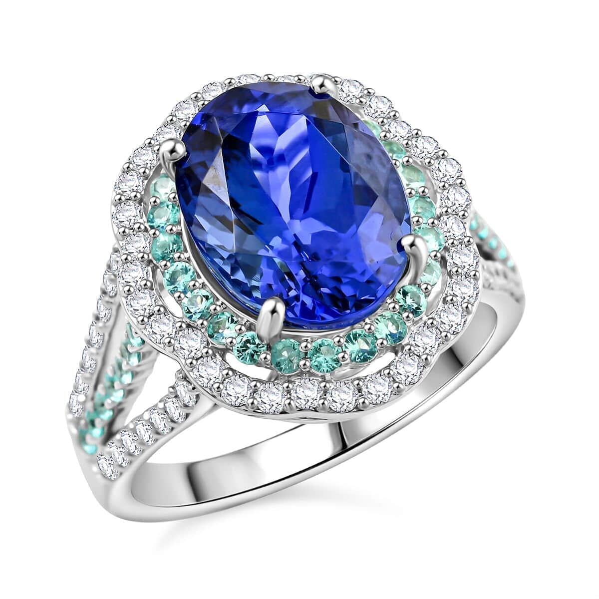 Certified & Appraised Rhapsody 950 Platinum AAAA Tanzanite, Paraiba Tourmaline, Diamond (E-F, VS) (0.66 cts) Ring (Size 10.0) (10.70 g) 6.80 ctw image number 0