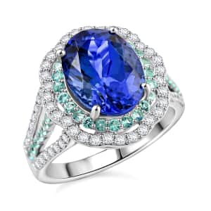 Certified & Appraised Rhapsody AAAA Tanzanite, Paraiba Tourmaline and E-F VS Diamond 6.80 ctw Ring in 950 Platinum (Size 10.0) 10.70 Grams