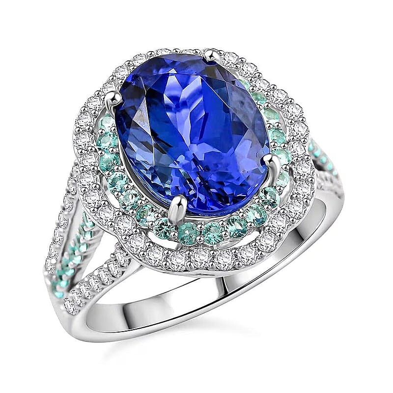 Certified & Appraised Rhapsody AAAA Tanzanite, Paraiba Tourmaline and E-F VS Diamond 6.80 ctw Ring in 950 Platinum (Size 10.0) 10.70 Grams