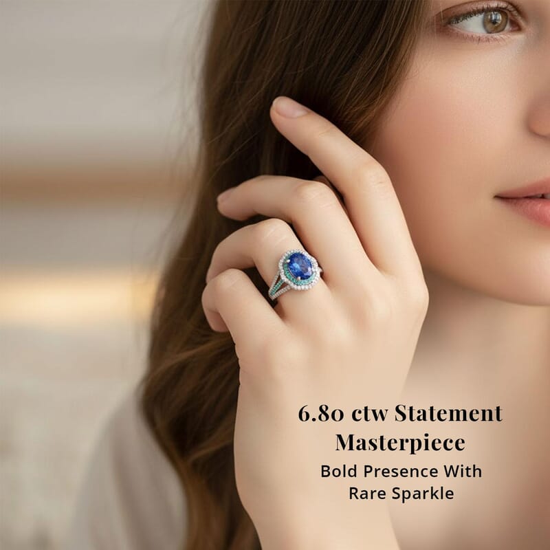 Certified & Appraised Rhapsody AAAA Tanzanite, Paraiba Tourmaline and E-F VS Diamond 6.80 ctw Ring in 950 Platinum (Size 10.0) 10.70 Grams