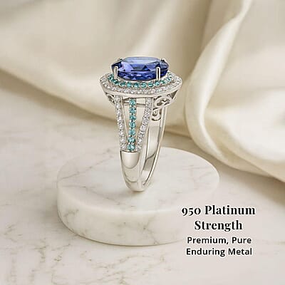Certified & Appraised Rhapsody AAAA Tanzanite, Paraiba Tourmaline and E-F VS Diamond 6.80 ctw Ring in 950 Platinum (Size 10.0) 10.70 Grams