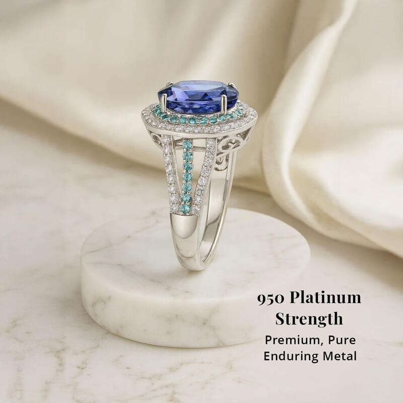 Certified & Appraised Rhapsody AAAA Tanzanite, Paraiba Tourmaline and E-F VS Diamond 6.80 ctw Ring in 950 Platinum (Size 10.0) 10.70 Grams