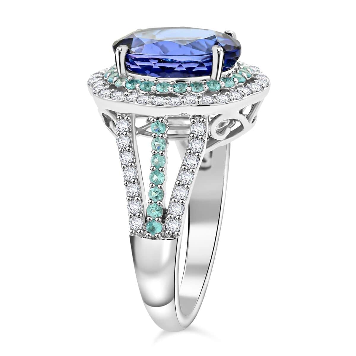 Certified & Appraised Rhapsody 950 Platinum AAAA Tanzanite, Paraiba Tourmaline, Diamond (E-F, VS) (0.66 cts) Ring (Size 10.0) (10.70 g) 6.80 ctw image number 3