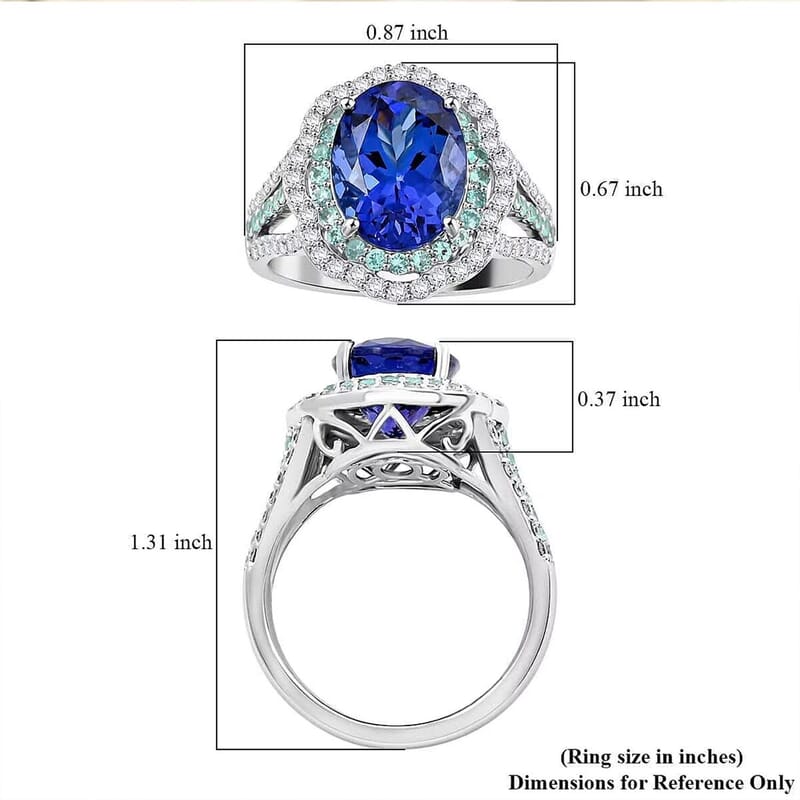 Certified & Appraised Rhapsody AAAA Tanzanite, Paraiba Tourmaline and E-F VS Diamond 6.80 ctw Ring in 950 Platinum (Size 10.0) 10.70 Grams