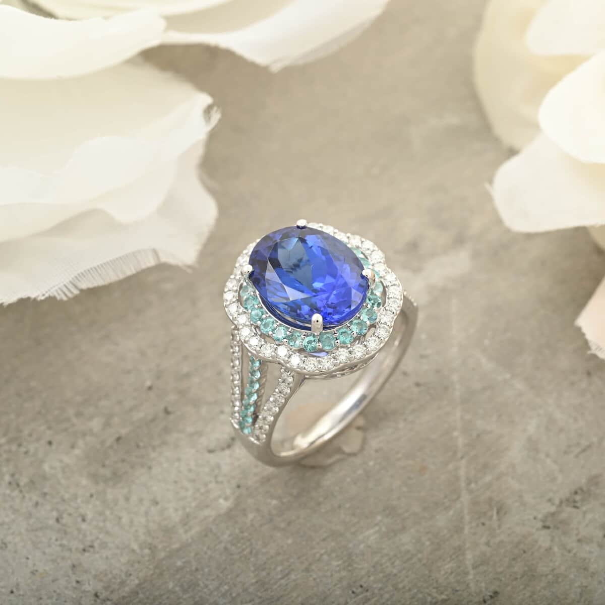 Certified & Appraised Rhapsody AAAA Tanzanite, Paraiba Tourmaline and E-F VS Diamond 6.80 ctw Ring in 950 Platinum (Size 5.0) 10.70 Grams image number 1