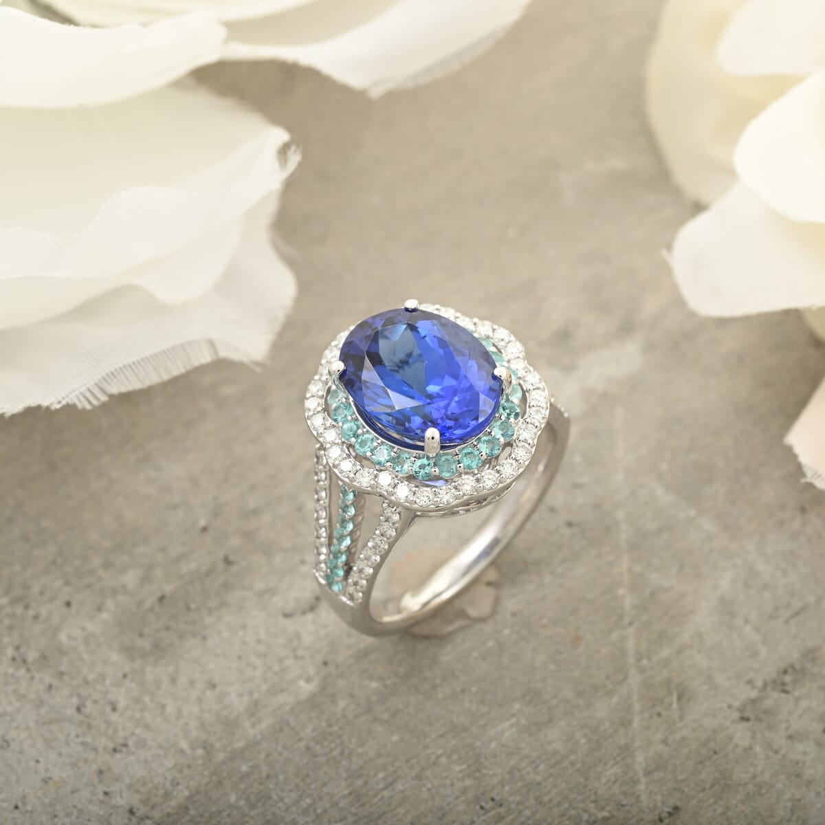 Certified & Appraised Rhapsody AAAA Tanzanite, Paraiba Tourmaline and E-F VS Diamond 6.80 ctw Ring in 950 Platinum (Size 6.0) 10.70 Grams image number 1