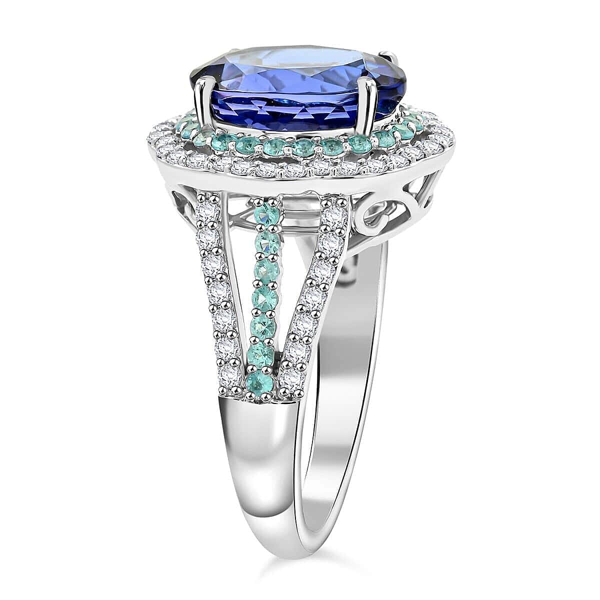 Certified & Appraised Rhapsody AAAA Tanzanite, Paraiba Tourmaline and E-F VS Diamond 6.80 ctw Ring in 950 Platinum (Size 7.0) 10.70 Grams image number 3