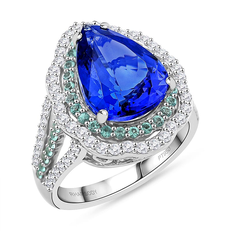Certified & Appraised Rhapsody AAAA Tanzanite, Paraiba Tourmaline and E-F VS Diamond 6.60 ctw Ring in 950 Platinum (Size 6.0) 11.50 Grams