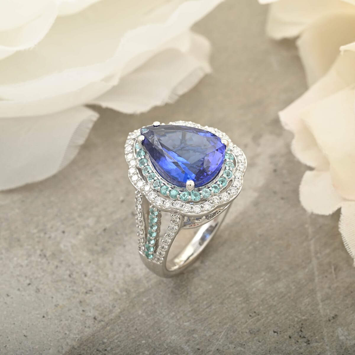 Certified & Appraised Rhapsody AAAA Tanzanite, Paraiba Tourmaline and E-F VS Diamond 6.73 ctw Ring in 950 Platinum (Size 6.0) 11.50 Grams image number 1