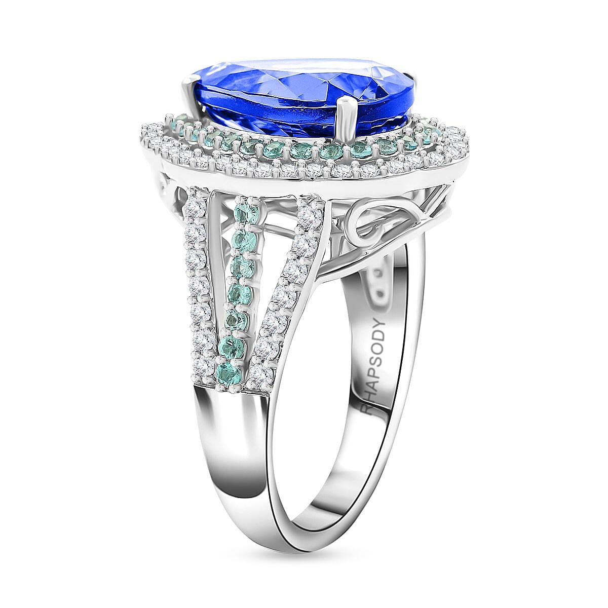 Certified & Appraised Rhapsody AAAA Tanzanite, Paraiba Tourmaline and E-F VS Diamond 6.60 ctw Ring in 950 Platinum (Size 6.0) 11.50 Grams