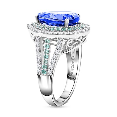 Certified & Appraised Rhapsody AAAA Tanzanite, Paraiba Tourmaline and E-F VS Diamond 6.60 ctw Ring in 950 Platinum (Size 6.0) 11.50 Grams