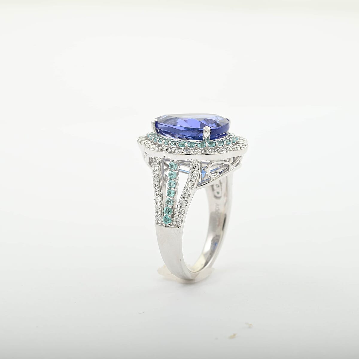 Certified & Appraised Rhapsody AAAA Tanzanite, Paraiba Tourmaline and E-F VS Diamond 6.73 ctw Ring in 950 Platinum (Size 6.5) 11.50 Grams image number 2
