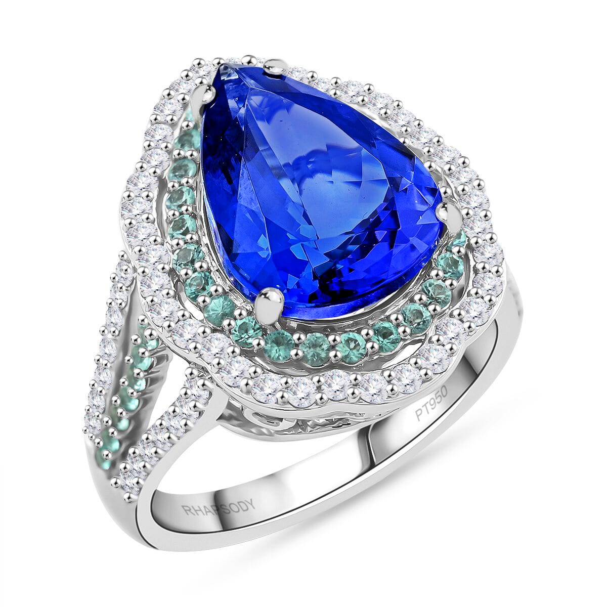 Certified & Appraised Rhapsody AAAA Tanzanite, Paraiba Tourmaline and E-F VS Diamond 6.73 ctw Ring in 950 Platinum (Size 7.0) 11.50 Grams image number 0