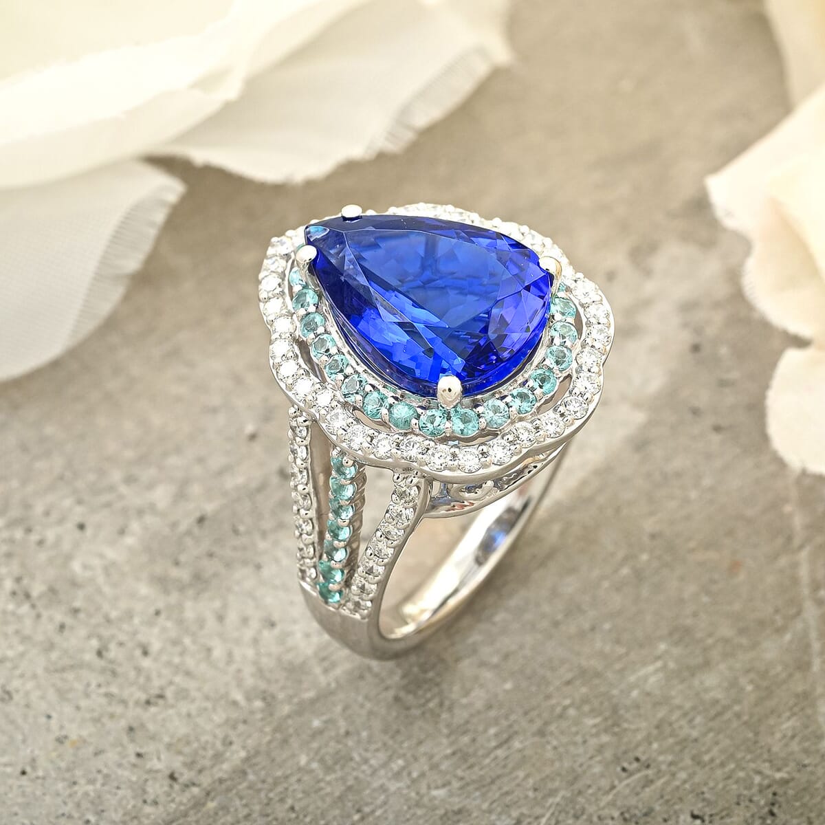 Certified & Appraised Rhapsody AAAA Tanzanite, Paraiba Tourmaline and E-F VS Diamond 6.73 ctw Ring in 950 Platinum (Size 7.0) 11.50 Grams image number 1