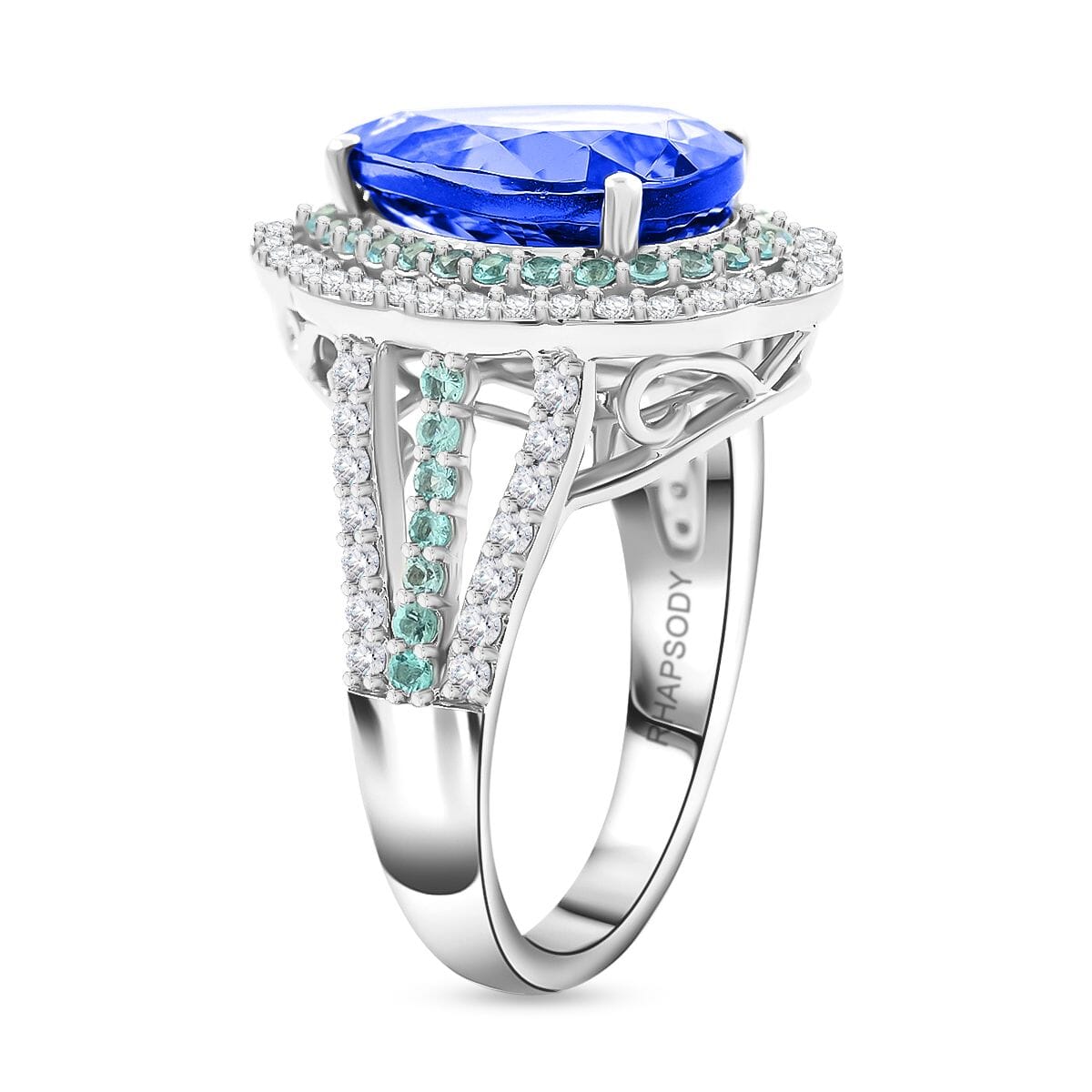 Certified & Appraised Rhapsody AAAA Tanzanite, Paraiba Tourmaline and E-F VS Diamond 6.73 ctw Ring in 950 Platinum (Size 7.0) 11.50 Grams image number 3