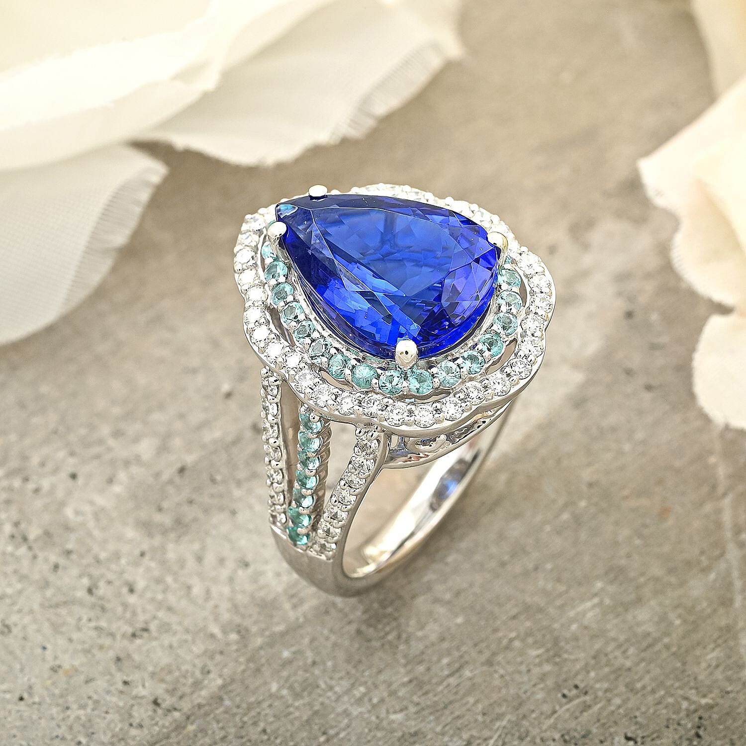Certified & Appraised Rhapsody AAAA Tanzanite, Paraiba Tourmaline and E-F VS Diamond 6.73 ctw Ring in 950 Platinum (Size 7.5) 11.50 Grams