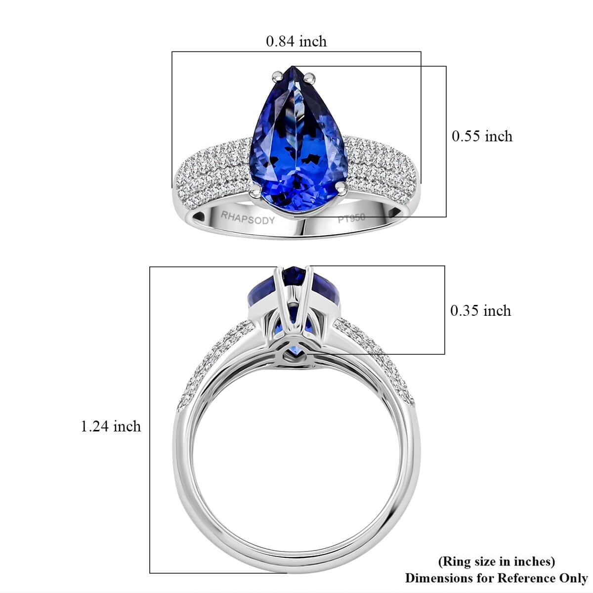 Certified & Appraised Rhapsody 950 Platinum AAAA Tanzanite, Diamond (E-F, VS) (0.46 cts) Ring (Size 10.0) (8.45 g) 4.80 ctw image number 5