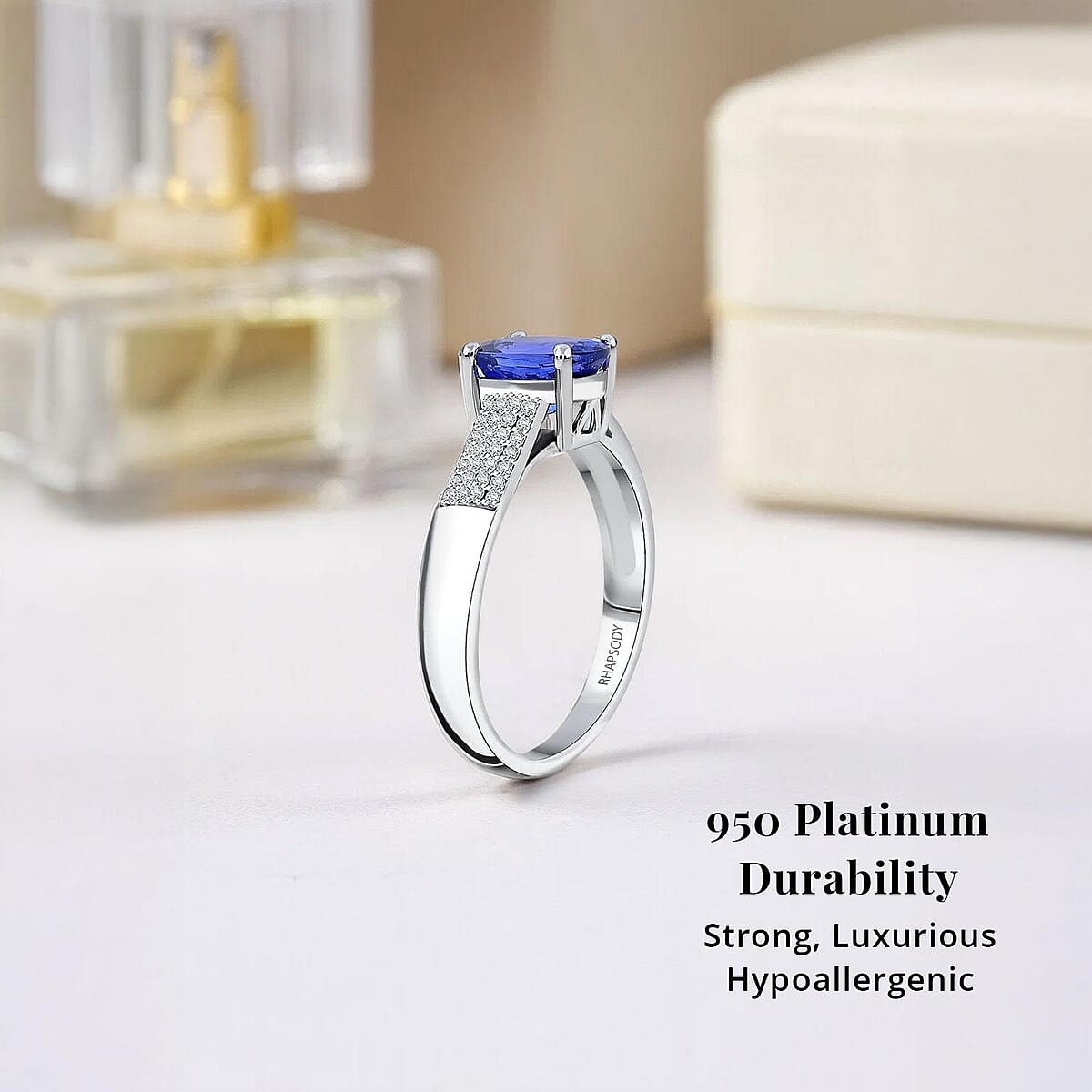 Certified & Appraised Rhapsody AAAA Tanzanite and E-F VS Diamond 2.30 ctw Ring in 950 Platinum (Size 8.0) 7.90 Grams image number 2