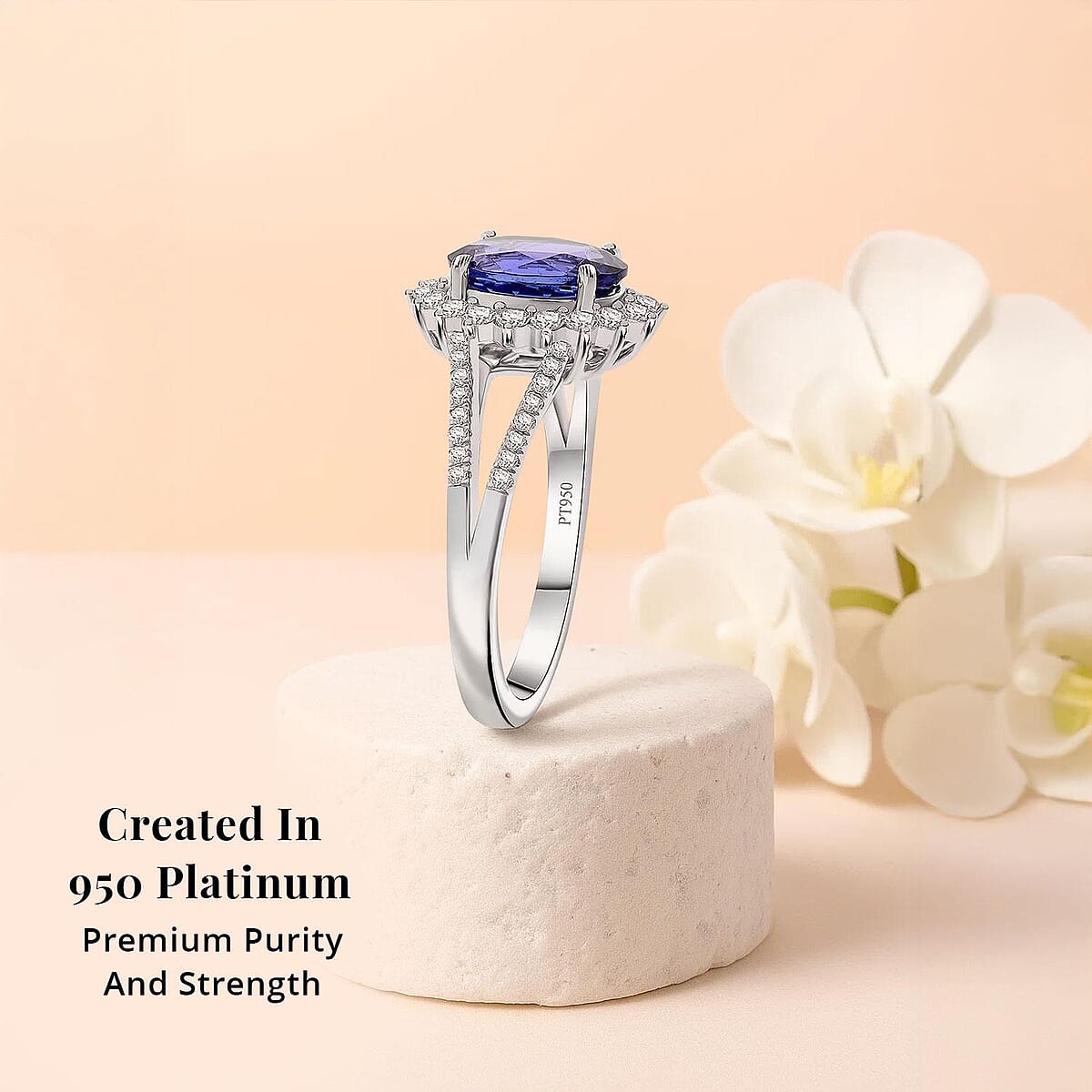 Certified & Appraised Rhapsody AAAA Tanzanite and E-F VS Diamond 2.70 ctw Ring in 950 Platinum (Size 6.0) 6.60 Grams image number 2