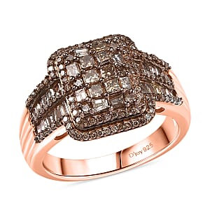 D'Joy Natural Champagne Diamond Art Deco Ring in 18K Vermeil RG Over Sterling Silver 1.00 ctw (Size 7.0)
