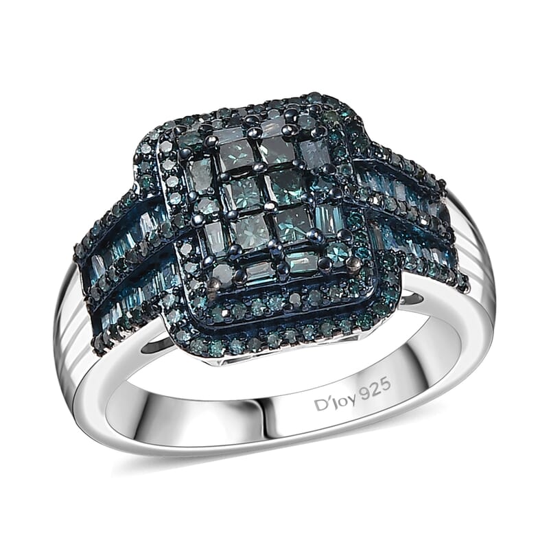 D'Joy Blue Diamond 1.00 ctw Art Deco Ring in Rhodium Over Sterling Silver (Size 8.0) 