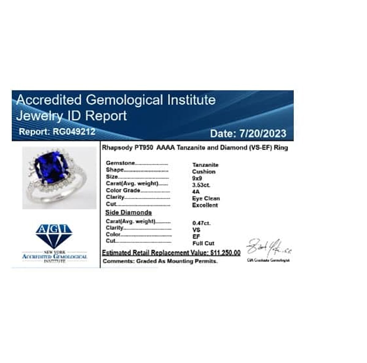 Certified & Appraised Rhapsody AAAA Tanzanite and E-F VS Diamond 4.00 ctw Ring in 950 Platinum (Size 11.0) 5.75 Grams image number 1
