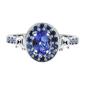 Tanzanite and Multi Gemstone 1.60 ctw Luminous Crown Ring in Rhodium Over Sterling Silver (Size 6.0) 