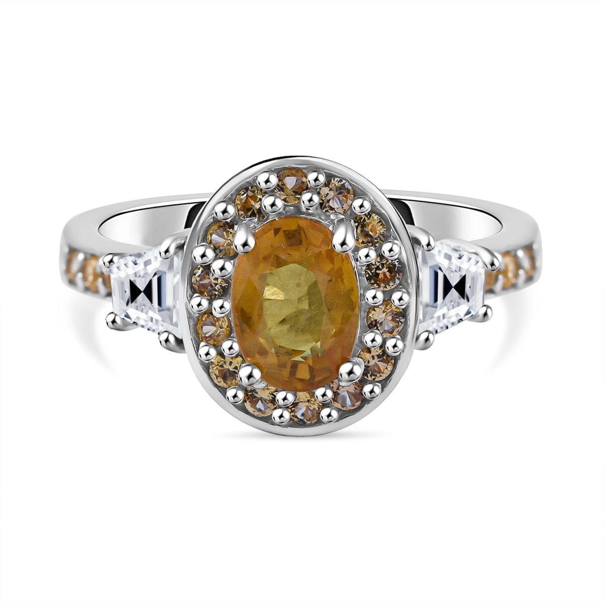 Madagascar Yellow Sapphire and White Zircon 1.65 ctw Luminous Crown Ring in Rhodium Over Sterling Silver (Size 10.0) image number 0