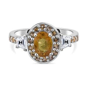 Madagascar Yellow Sapphire and White Zircon 1.65 ctw Luminous Crown Ring in Rhodium Over Sterling Silver (Size 5.0)