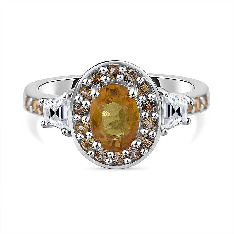 Madagascar Yellow Sapphire and White Zircon 1.65 ctw Luminous Crown Ring in Rhodium Over Sterling Silver (Size 8.0)