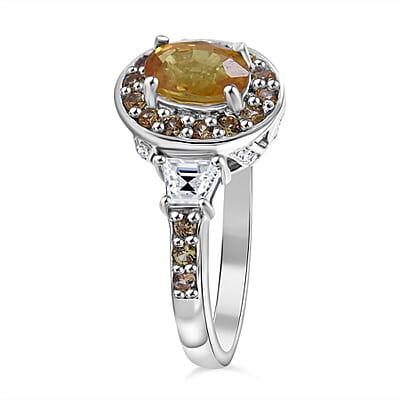 Madagascar Yellow Sapphire and White Zircon 1.65 ctw Luminous Crown Ring in Rhodium Over Sterling Silver (Size 8.0)