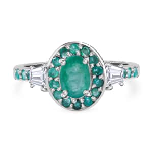 Kagem Zambian Emerald and White Zircon 1.50 ctw Luminous Crown Ring in Rhodium Over Sterling Silver (Size 5.0)