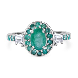 Kagem Zambian Emerald and White Zircon 1.50 ctw Luminous Crown Ring in Rhodium Over Sterling Silver (Size 6.0)