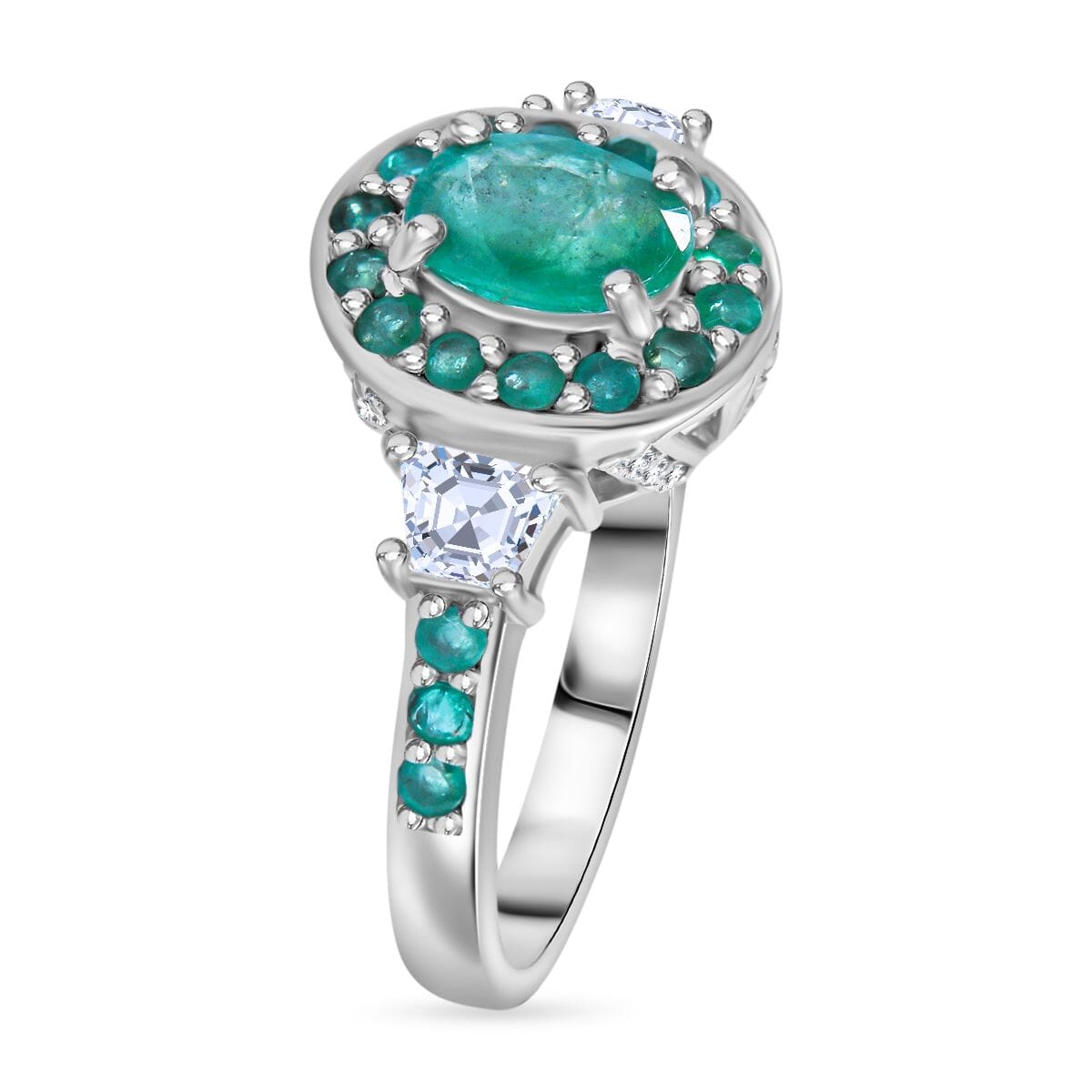 Kagem Zambian Emerald and White Zircon 1.50 ctw Luminous Crown Ring in Rhodium Over Sterling Silver (Size 6.0) image number 2