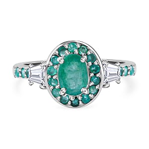 Kagem Zambian Emerald and White Zircon 1.50 ctw Luminous Crown Ring in Rhodium Over Sterling Silver (Size 9.0)