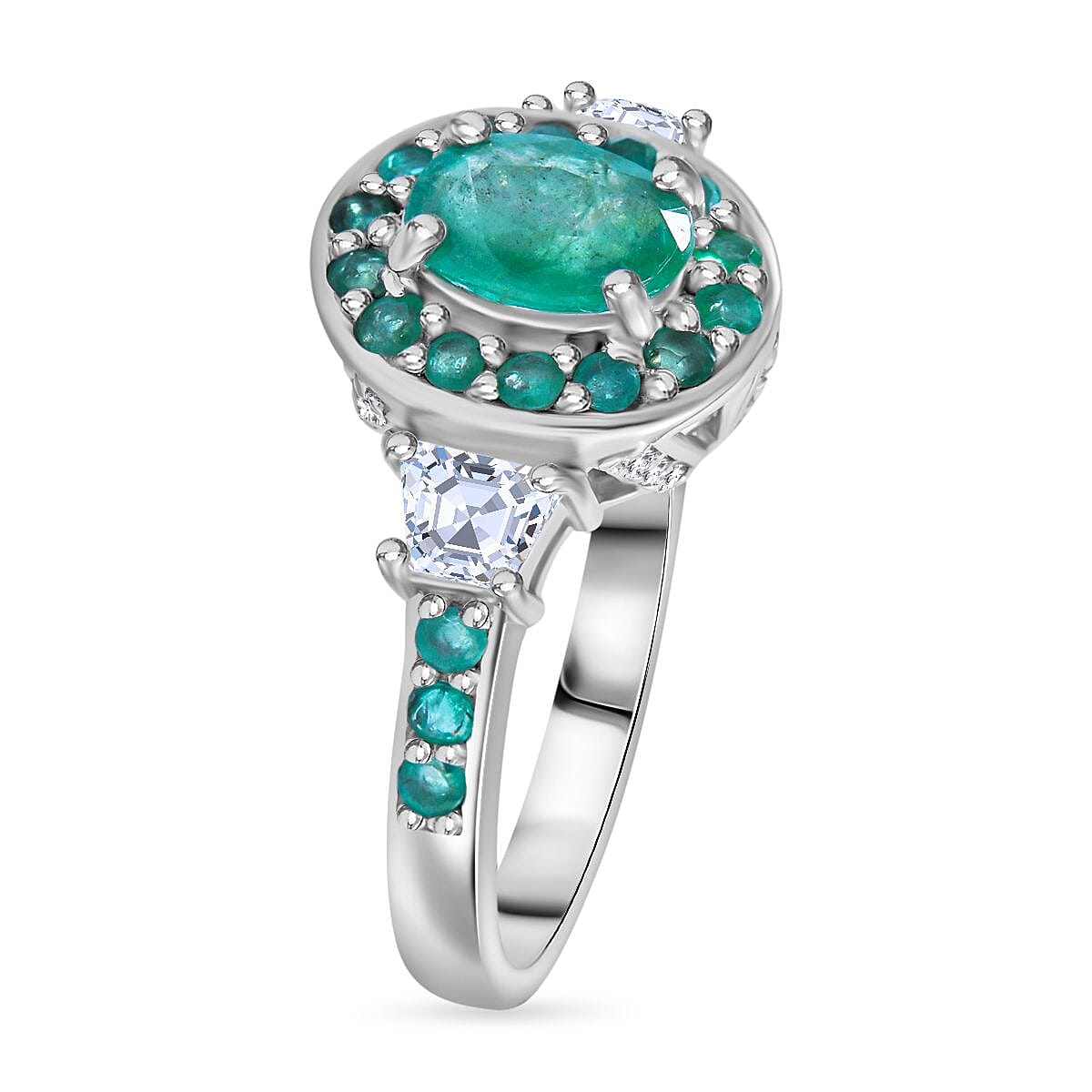 Kagem Zambian Emerald and White Zircon 1.50 ctw Luminous Crown Ring in Rhodium Over Sterling Silver (Size 9.0) image number 2
