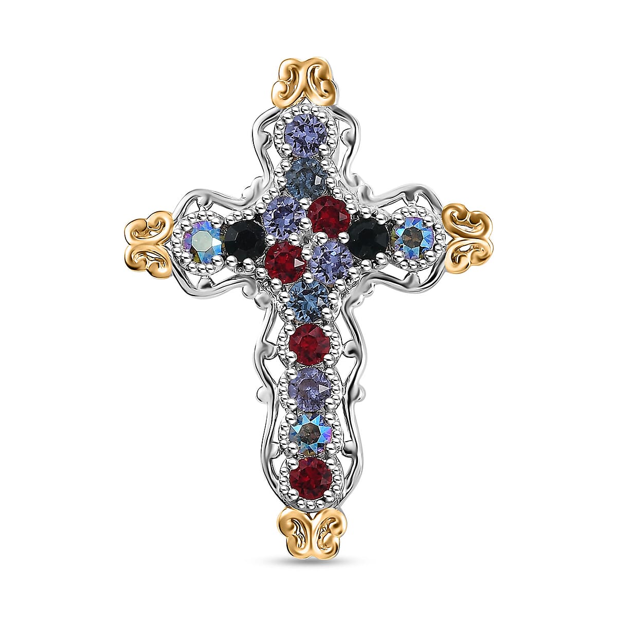 J Francis Embellished with Multi Color Crystal by Swarovski Cross Pendant without Chain in 18K YG Plated and Platinum Bond image number 0