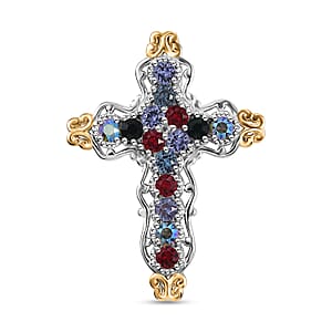 J Francis Embellished with Multi Color Crystal by Swarovski Cross Pendant without Chain in 18K YG Plated and Platinum Bond