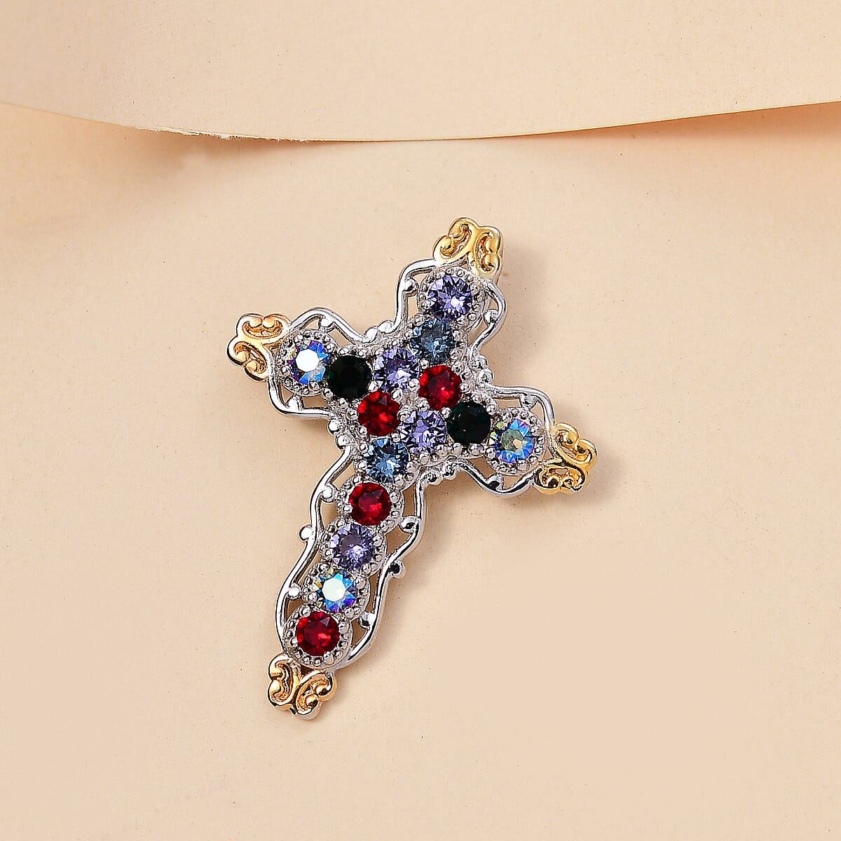 J Francis Embellished with Multi Color Crystal by Swarovski Cross Pendant without Chain in 18K YG Plated and Platinum Bond image number 1