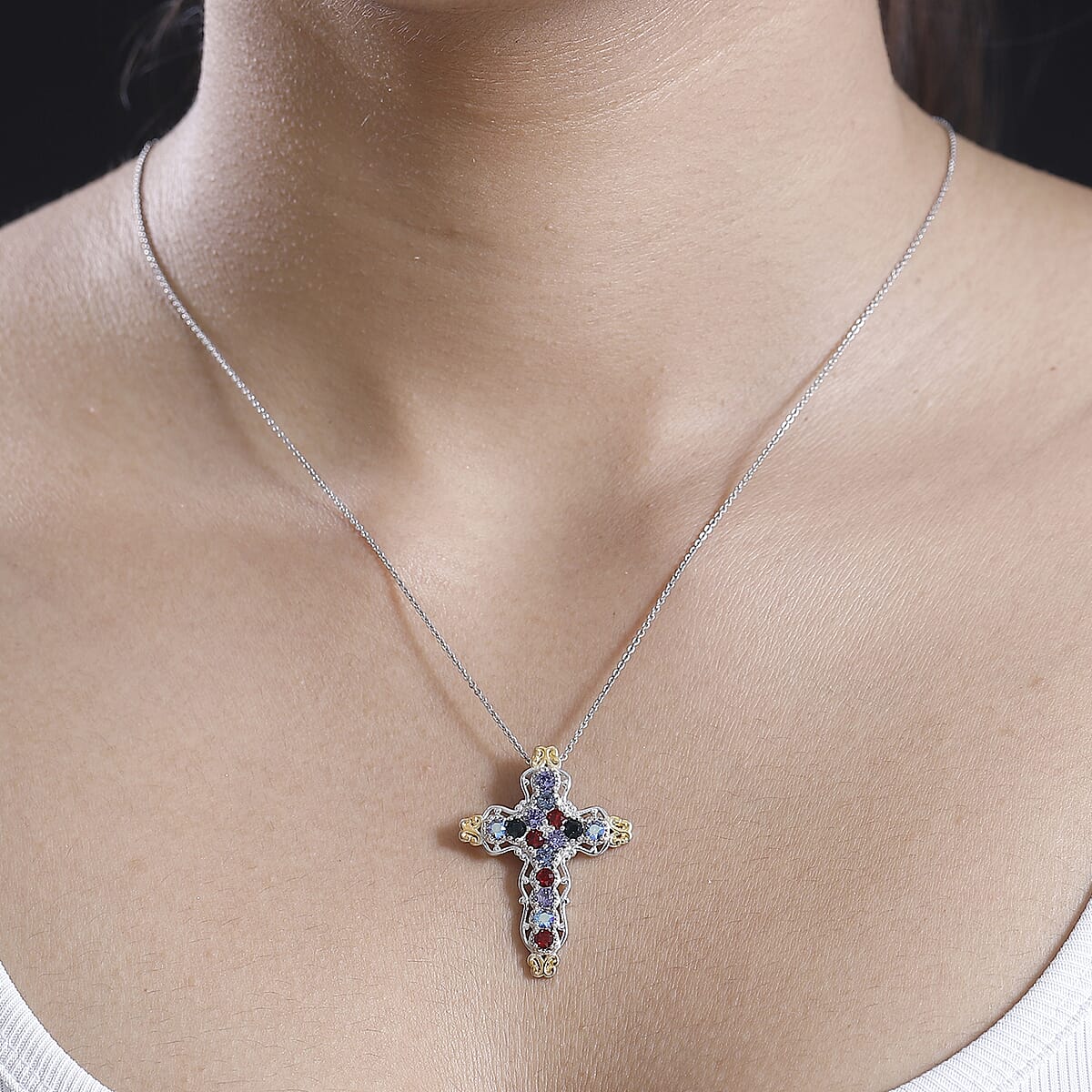 J Francis Embellished with Multi Color Crystal by Swarovski Cross Pendant without Chain in 18K YG Plated and Platinum Bond image number 2