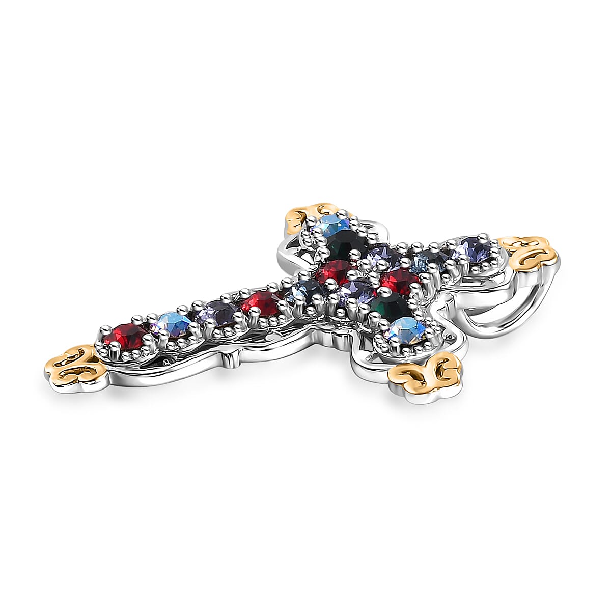 J Francis Embellished with Multi Color Crystal by Swarovski Cross Pendant without Chain in 18K YG Plated and Platinum Bond image number 3