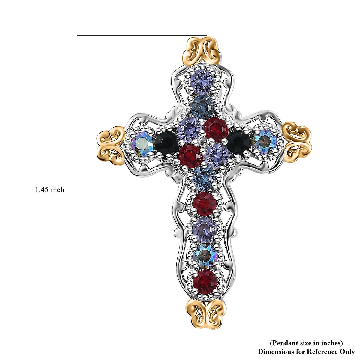 J Francis Embellished with Multi Color Crystal by Swarovski Cross Pendant without Chain in 18K YG Plated and Platinum Bond image number 5