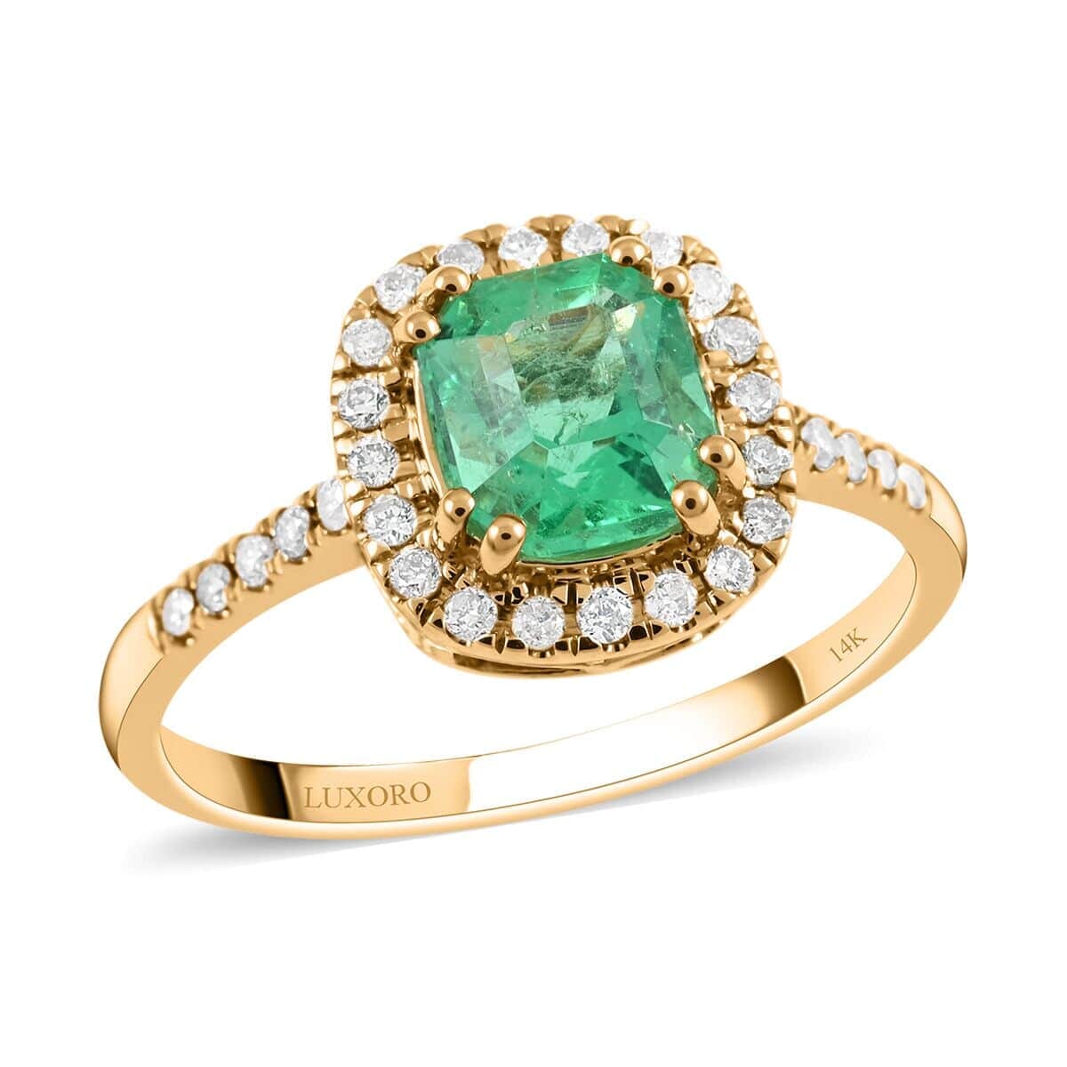 Certified & Appraised Luxoro AAA Boyaca Colombian Emerald and G-H I2 Diamond 1.65 ctw Halo Ring in 14K Yellow Gold (Size 9.5) 2.55 Grams image number 0