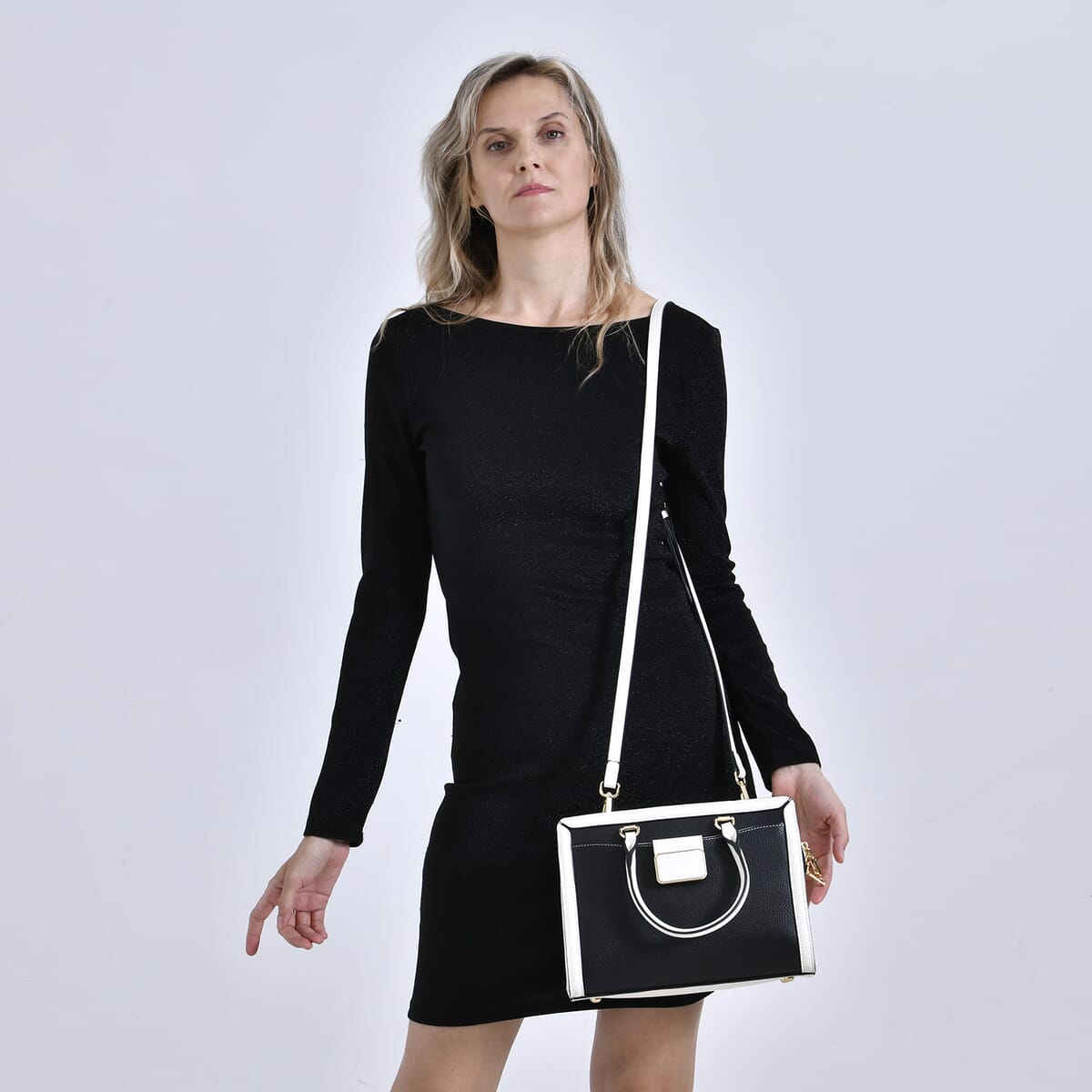 Black with Off-White Genuine Leather Crossbody Bag with Handle Drop and Shoulder Strap 51 Inches image number 1